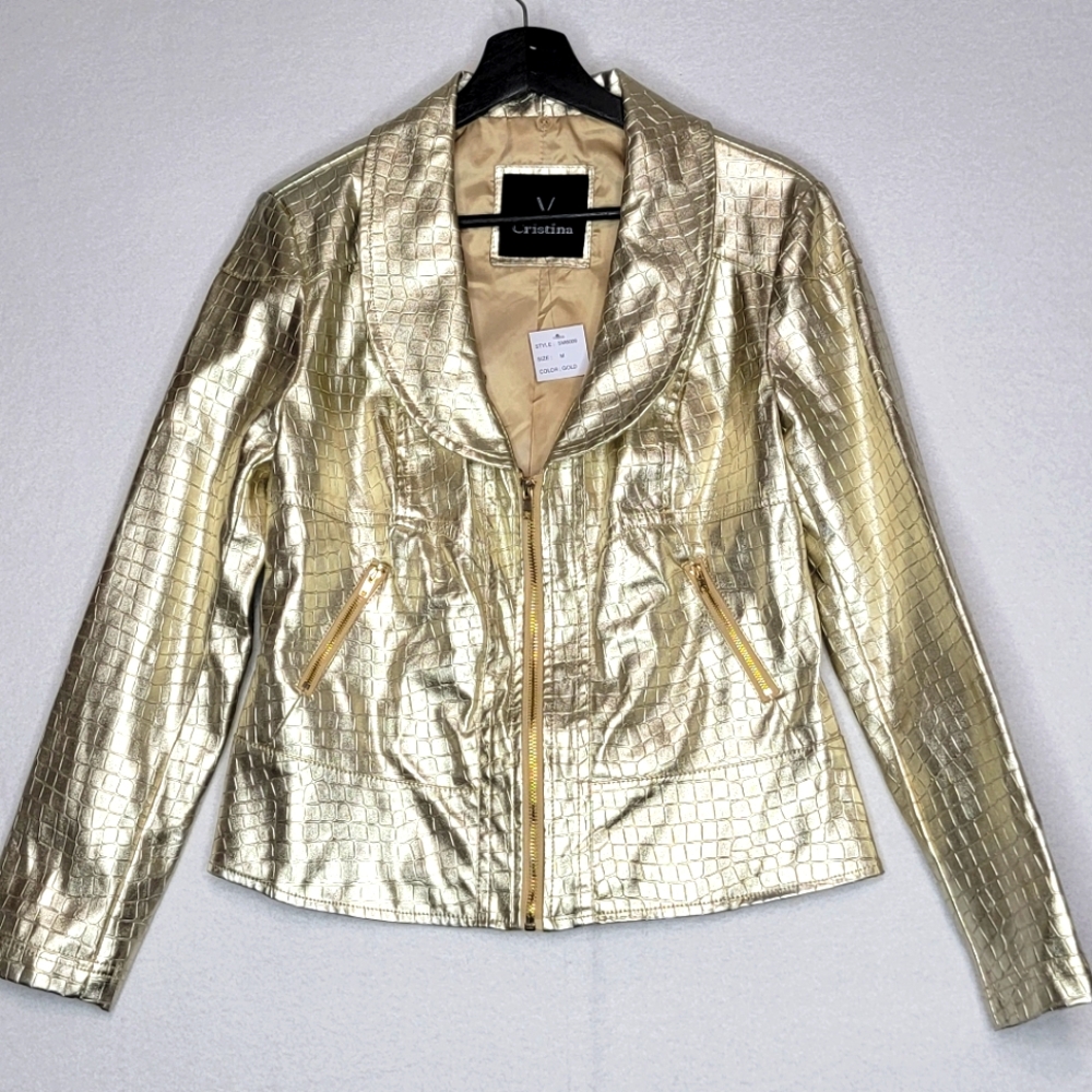 V Christina Jacket Gold Croc Embossed Faux Leather Zip Pockets Sz Medium #465‎